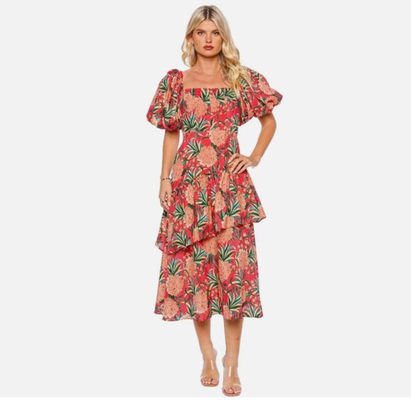 Farm Rio Red Pineapple Bloom Cut Out Midi Dress - Picture 1 of 7